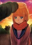  hand_on_head highres mina_m original outstretched_arm scarf school_uniform short_hair solo tears 