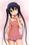  bare_shoulders black_hair blush brown_eyes clothed_navel finger_to_mouth gaku_(pixiv) head_tilt k-on! long_hair nakano_azusa one-piece_swimsuit open_mouth solo swimsuit twintails 