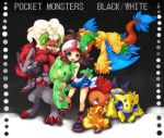  1girl archeops blue_eyes brown_hair galvantula hat joltik kuo pokemon pokemon_(creature) pokemon_(game) pokemon_black_and_white pokemon_bw reuniclus scrafty touko_(pokemon) whimsicott zoroark 