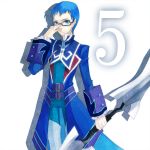  adjusting_glasses bad_id blue_eyes blue_hair glasses hubert_ozwell male number solo sword tales_of_(series) tales_of_graces three_plates weapon white_background 