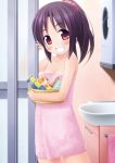  bare_shoulders bathroom blush brown_eyes child fang grin happy highres inuarashi loli naked_towel original ponytail purple_hair sink smile solo towel toy water_gun 