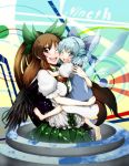  barefoot black_wings blue_eyes blue_hair bow brown_eyes brown_hair cape carrying cheek-to-cheek cheek_to_cheek cirno cockadooodledoo friends hair_bow holding hug long_hair multiple_girls red_eyes reiuji_utsuho short_hair third_eye touhou wings wink 