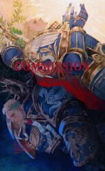  1boy armor artist_name blonde_hair blue_armor blue_eyes breastplate character_name commentary commission couter cowboy_shot dated english_commentary english_text full_armor gauntlets ginias highres laurel_crown leg_armor male_focus notice_lines pauldrons power_armor primarch purity_seal rerebrace roboute_guilliman roman_numeral short_hair shoulder_armor solo split_theme translation_request ultramarines warhammer_40k 