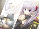  arcade black_shirt blue_eyes cats pointy_ears primula shuffle! silver_hair stuffed_animals twintails 