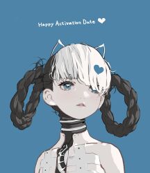  1girl animal_ears bambinata:_vitrum_(pgr) bambinata_(pgr) black_hair blue_background blue_eyes braid braided_hair_rings cat_ears d.k english_commentary fake_animal_ears freckles hair_ornament hair_over_eyes hair_rings heart heart-shaped_pupils heart_hair_ornament long_hair mechabare multicolored_hair parted_lips punishing:_gray_raven solo symbol-shaped_pupils two-tone_hair white_hair 