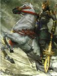  animal armored blonde_hair boots dynasty_warriors gloves hero horse knight koei ma_chao male riding sangoku_musou shield short_hair snow spear trust warrior weapon winter 
