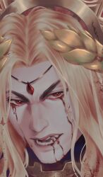 1boy armor blonde_hair blood blood_angels blood_from_eyes blood_from_mouth blood_on_teeth close-up commentary enerisart english_commentary fangs forehead_jewel highres jewelry laurel_crown long_hair looking_at_viewer male_focus open_mouth portrait power_armor primarch red_eyes regalia_resplendent sanguinius sharp_teeth simple_background solo teeth warhammer_40k 
