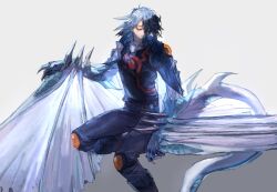  1boy black_hair black_shirt blue_jacket brown_footwear closed_eyes dappled_sunlight denim dragon dragon_claw dragon_tail dragon_wings facing_to_the_side fudo_yusei fusion highres jacket jeans knee_pads looking_down male_focus mokopuru non-web_source open_clothes open_jacket outstretched_arms pants popped_collar shirt shoulder_pads sleeveless sleeveless_shirt source_request spiky_hair stardust_dragon sunlight tail white_background wings yu-gi-oh! yu-gi-oh!_5d's 