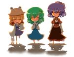 3girls backlighting blonde_hair chibi closed_eyes eating green_hair groceries hair_ornament hair_ribbon hat kochiya_sanae long_skirt moriya_suwako multiple_girls popsicle pote purple_hair pyonta ribbon shadow shiny shiny_hair short_hair simple_background skirt touhou yasaka_kanako