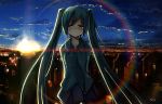  arms_behind_back blue_eyes blush cloud clouds green_hair hatsune_miku highres last_night_good_night_(vocaloid) lens_flare long_hair necktie sky solo stk sun twintails very_long_hair vocaloid 