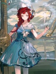  1girl absurdres asymmetrical_sidelocks barcarola_(reverse:1999) beamed_eighth_notes beamed_sixteenth_notes blue_eyes blue_shirt blue_skirt bow_(music) braid braided_sidelock closed_mouth cowboy_shot dixie_cup_hat eighth_note flat_sign grey_sky hair_over_shoulder hand_up hat highres holding holding_bow_(music) instrument long_hair looking_at_viewer military_hat miniskirt mole mole_under_eye musical_note musical_note_print musical_staff_print outdoors pantyhose quarter_note railing redhead reverse:1999 sailor_collar shirt short_sleeves skirt sky smile solo staff staff_(music) treble_clef twin_braids weiyan_(nbnbmwnl) white_hat white_pantyhose whole_note 