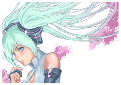  aqua_eyes aqua_hair bare_shoulders breasts bridal_gauntlets bust cleavage hatsune_miku hatsune_miku_(append) long_hair miku_append mophat nail_polish necktie sakakibara_mizuki solo twintails vocaloid vocaloid_append 