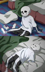  1boy 2020 2d 2koma absurdres arm_support artist_name bed bedroom black_pants blanket blue_jacket comic commentary digital_media english_commentary floor ginasuzumi highres hooded_jacket humanoid jacket lying male male_only monster monster_boy on_back on_bed on_floor outstretched_legs pants sans_(undertale) shirt silent_comic sitting skeleton socks solo striped striped_pants t-shirt teeth undead undertale unworn_jacket unworn_socks watermark white_shirt white_socks white_stripes 