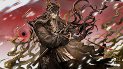  1boy absurdres antlers arknights black_hair brown_coat brown_eyes chromatic_aberration closed_mouth coat commentary_request dated floating_hair grey_hair highres holding holding_sword holding_weapon horns long_hair long_sleeves looking_at_viewer male_focus multicolored_hair nanataru10 partial_commentary sheath sheathed solo standing sword two-tone_hair very_long_hair wang_(arknights) weapon 