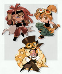  1boy 2girls @_@ ascot bare_shoulders black_footwear black_gloves black_tank_top blonde_hair border bright_pupils brown_gloves brown_hair brown_hat brown_pants chibi chibi_only closed_mouth commentary cookie_run cookie_run:_ovenbreak croissant_cookie dark-skinned_female dark_skin double-parted_bangs dreadlocks drop_shadow dual_persona eyepatch food-themed_hair frown full_body gloves goggles goggles_on_head goggles_on_headwear green_pants grey_background grin hair_between_eyes hat highres hjoe8 holding holding_wrench humanization long_hair long_sleeves looking_at_viewer multiple_girls outside_border pants ponytail red_pants redhead simple_background smile string_gummy_cookie striped_clothes striped_pants tank_top timekeeper_cookie top_hat vertical-striped_clothes vertical-striped_pants very_long_hair white_ascot white_border white_pupils wrench 