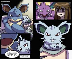  1girl artist_name brown_eyes brown_hair crossed_arms dialogue_box english_text highres holding holding_pokemon leaf_(pokemon) nidoking nidoqueen nidoran nidoran_(female) pokemon pokemon_(creature) spcrashworks 
