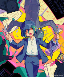  2boys ahoge aqua_background aqua_hair back-to-back baseball_cap belt belt_buckle black_belt black_hat black_jacket black_pants blazer blood blue_necktie book bottle bright_pupils buckle cd collared_jacket cover danganronpa_(series) danganronpa_v3:_killing_harmony denim dot_nose dress_shirt dual_persona earphones earphones ewa_(seraphhuiyu) feet_out_of_frame from_behind hair_between_eyes happy hat head_tilt highres holding holding_knife holding_necktie jacket jeans knife lapels layered_sleeves long_sleeves looking_at_viewer male_focus multiple_boys necktie notched_lapels official_alternate_costume open_book open_clothes open_jacket open_mouth pants paper pink_blood pinstripe_jacket pinstripe_pants pinstripe_pattern pocket pointy_ears saihara_shuichi school_uniform sharing shirt short_hair smeared_blood smile spill spoilers striped_necktie video_game_cover weibo_watermark white_pupils yellow_eyes 