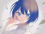  1girl blue_eyes blue_hair commentary hatori_naco highres kiritani_haruka leaf looking_at_viewer open_mouth project_sekai shirt short_hair simple_background smile solo symbol-only_commentary white_shirt 
