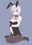  1girl animal_ears bangs between_legs black_legwear blue_background blunt_bangs blush breasts bunnysuit cleavage detached_collar fake_animal_ears full_body glasses heidimarie_w_schnaufer high_heels highres long_hair open_mouth pantyhose rabbit_ears red_eyes seedflare silver_hair simple_background solo strike_witches wrist_cuffs 