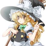  anime_coloring blonde_hair broom brown_eyes colored gotou_nao hat kirisame_marisa long_hair lucie pointing ribbon simple_background solo touhou witch witch_hat yui_(daijun) 