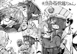  3girls :d blood blush breasts character_doll chinese_clothes closed_eyes crying doll ear_piercing fate/grand_order fate_(series) fingernails flying_sweatdrops greyscale hair_over_one_eye hand_on_another&#039;s_shoulder hashtag hat headbutt heart highres holding holding_doll holding_tissue lady_yu_doll mash_kyrielight mole mole_under_eye monochrome multiple_girls nosebleed open_mouth piercing sidelocks smile waira wide_sleeves xu_fu_(fate) yu_mei-ren_(fate) 