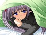  bed black_shirt blanket blue_eyes blush green pointy_ears primula sad shuffle! silver_hair twintails 