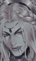  1boy armor blood blood_angels blood_from_eyes blood_from_mouth blood_on_teeth close-up commentary enerisart english_commentary fangs forehead_jewel greyscale highres jewelry laurel_crown long_hair looking_at_viewer male_focus monochrome open_mouth portrait power_armor primarch regalia_resplendent sanguinius sharp_teeth simple_background solo teeth warhammer_40k 