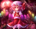  apple arm_behind_back ascot blonde_hair bloomers cross flandre_scarlet flower food fruit full_moon hat highres laevatein maho maho_moco moon moonlight red_eyes red_moon rose short_hair side_ponytail skirt solo the_embodiment_of_scarlet_devil touhou wings wrist_cuffs 