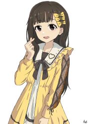  1girl absurdres blunt_bangs bow brown_eyes brown_hair cowboy_shot dress finger_heart hair_bow highres k2s long_hair long_sleeves looking_at_viewer make_heroine_ga_oo_sugiru! nukumizu_kaju official_alternate_costume open_mouth signature simple_background solo white_background yellow_bow yellow_dress 