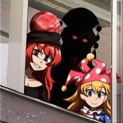  3girls absurdres blonde_hair chromatic_aberration clownpiece grin hat hecatia_lapislazuli highres in_shadow indoors jester_cap junko_(touhou) lad_der long_hair looking_at_viewer multiple_girls parody red_eyes redhead slit_pupils smile touhou window 