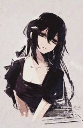  black_dress black_hair breasts collarbone commentary cropped_arms cropped_hair dandelion_(girls'_frontline) dated dress film_grain girls'_frontline_2:_exilium hair_between_eyes hair_ornament highres leaning_to_the_side long_hair looking_to_the_side medium_breasts parted_lips puffy_short_sleeves puffy_sleeves rnna short_sleeves sidelocks signature upper_body white_background yellow_eyes 