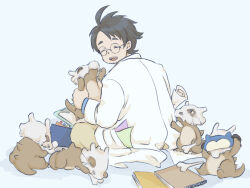  1boy ahoge animal beard_stubble black_hair bone clipboard closed_eyes coat commentary_request cubone enodin eye_cover facial_hair holding holding_animal holding_bone lab_coat neroli_(pokemon) notebook open_mouth pokemon pokemon_(creature) pokemon_sleep round_eyewear sitting skull sleeping smile stubble white_coat 