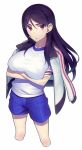  bad_id black_hair blush breast_hold breasts brown_eyes character_request cropped_legs crossed_arms fukiyose_seiri gym_uniform jacket_on_shoulders large_breasts long_hair mckeee open_mouth red_eyes shorts solo to_aru_majutsu_no_index 