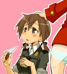  brown_eyes brown_hair charlotte_e_yeager dorinko gertrud_barkhorn hand_on_head knife military military_uniform multiple_girls open_mouth potato sleeves_rolled_up strike_witches twintails uniform 