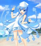  amane_(funfun) blue_eyes blue_hair dress foreshortening hat ikamusume long_hair shinryaku!_ikamusume solo tentacle_hair v 