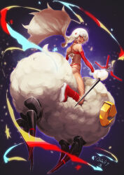  152_in_can 1girl absurdres altera_(fate) altera_the_santa_(fate) bikini boots dark-skinned_female dark_skin dated fate/grand_order fate_(series) from_behind highres mittens red_eyes red_footwear santa_bikini sheep star_(symbol) swimsuit veil white_hair white_mittens 