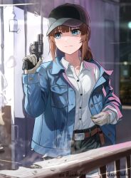  1girl baseball_cap belt black_hat black_shorts blue_eyes blue_jacket broken_glass brown_hair bullet closed_mouth collared_shirt commentary_request commission denim denim_shorts fence glass gloves gun hat highres holding holding_bullet holding_gun holding_weapon jacket junshiki open_clothes open_jacket original projectile_trail revolver shirt shorts signature skeb_commission solo trigger_discipline weapon white_shirt wooden_fence 