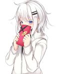  1girl absurdres blue_eyes blush covering_mouth flying_sweatdrops gift haegiwa highres hoodie original short_hair silver_hair solo valentine 