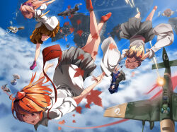  6+girls absurdres aircraft aircraft_turret airplane animal_ears bai_huashu black_skirt blue_dress blue_hair blue_sky boots bow broom broom_riding brown_eyes brown_hair brown_skirt checkered_clothes checkered_skirt clouds collared_shirt commentary detached_sleeves dress falling floating_island flying freedom_dive full_body gohei grey_hair hair_bow hakurei_reimu hat highres himekaidou_hatate holding holding_gohei holding_hands iizunamaru_megumu inaba_tewi inubashiri_momiji izayoi_sakuya kaname-ishi kawashiro_nitori kirisame_marisa long_hair looking_at_another multiple_girls no_tail open_mouth pointy_ears projectile_trail purple_bow purple_footwear purple_hat red_eyes red_footwear red_hat reisen_udongein_inaba remilia_scarlet scared shameimaru_aya shirt short_hair short_sleeves skirt sky smile tokin_hat touhou twintails v-shaped_eyebrows white_shirt white_sleeves wind witch_hat wolf_ears wolf_girl yamashiro_takane 