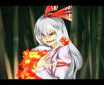  bamboo bamboo_forest bow crazy crazy_eyes fire forest fujiwara_no_mokou grey_hair grin hair_bow hair_ribbon hand_on_chest hand_on_own_chest hand_to_chest letterboxed long_sleeves nature open_mouth red_eyes ribbon sagara1990 smile solo touhou 