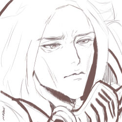  1boy armor closed_mouth commentary death_guard enerisart english_commentary highres hood lineart male_focus mask mortarion portrait power_armor primarch pursed_lips simple_background sketch solo unworn_mask warhammer_40k white_background 