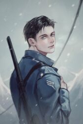  1boy arm_up blue_coat blue_eyes brown_hair captain_america:_the_first_avenger captain_america_(series) closed_mouth coat collared_coat commentary gun gun_on_back highres james_buchanan_barnes long_sleeves looking_back male_focus marvel marvel_cinematic_universe mountainous_horizon orihara0820 sideburns smile snow snowing solo weapon weapon_on_back 