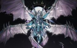  black_background blue_scales crossed_arms dragon dragon_horns dragon_tail dragon_wings duel_monster extra_arms facing_viewer flying highres horns knee_up looking_at_viewer mokopuru multiple_wings no_humans outstretched_arms purple_trim source_request stardust_dragon tail white_wings wings yu-gi-oh! yu-gi-oh!_5d's 