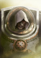  1boy armor bags_under_eyes blue_lips breastplate commentary cracked_skin damaged dated death_guard decaying_skin english_commentary english_text engraved_armor grey_armor highres hood horror_(theme) johan_aronson looking_at_viewer male_focus mortarion parted_lips power_armor primarch signature simple_background skull solo straight-on teeth the_barbaran_plate upper_body warhammer_40k white_hood yellow_eyes 