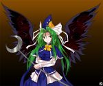  alphes_(style) black_wings cape green_eyes green_hair hat kaoru_(gensou_yuugen-an) light_smile long_hair magic_circle mima parody simple_background smile solo staff style_parody touhou wings wizard_hat 