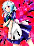  bad_id between_fingers braid gradient_hair highres izayoi_sakuya knife maid maid_headdress multicolored_hair red_eyes short_hair silver_hair thigh_strap throwing_knife touhou twin_braids waist_apron weapon yutazou 