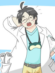  1boy absurdres arm_behind_head beard_stubble belt black_hair blue_shirt blush brown_belt brown_pants clipboard closed_eyes coat commentary_request eye_cover facial_hair facing_viewer flying_sweatdrops highres lab_coat male_focus neroli_(pokemon) pants pokemon pokemon_sleep shirt siokun_dayoo stubble sweatdrop white_coat 