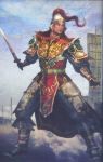 armored boots dynasty_warriors gloves helmet koei red_eyes sangoku_musou shield ships sky solo sun_jian sword warrior weapon 