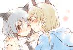  :&lt; ;&lt; animal_ears blonde_hair blush cheek_kiss closed_eyes eila_ilmatar_juutilainen eyes_closed hoodie kiss kutsuwada_on long_hair multiple_girls necktie sanya_v_litvyak short_hair silver_hair strike_witches usakiyo wrist_grab yuri 