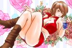  bad_id boots breasts brown_hair cleavage flower indoshiki meiko multicolored_rose panties red rose sake short_hair skirt solo underwear vocaloid 